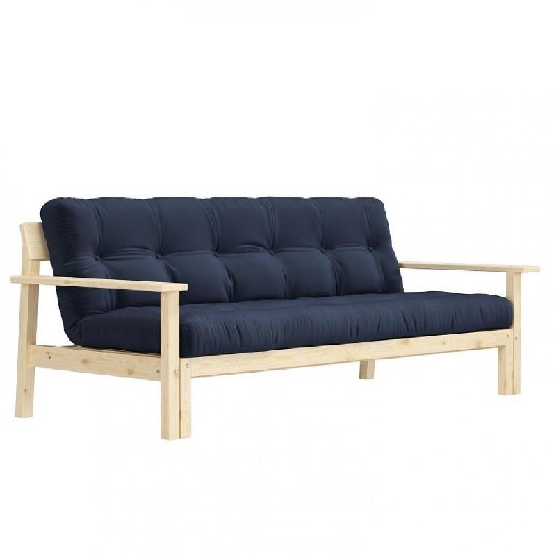 Canapé convertible futon UNWIND - Pin naturel - Coloris marine - Couchage 130 x 190 cm - Style scandinave - Matelas capitonné_0