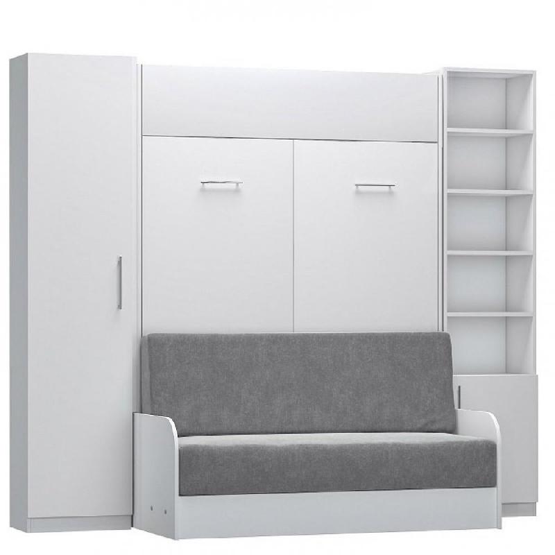 COMPOSITION LIT ESCAMOTABLE BLANC MAT DYNAMO SOFA CANAPÉ ACCOUDOIRS BLANC MAT ET GRIS COLONNE ARMOIRE + BIBLIOTHÈQUE 140*200_0