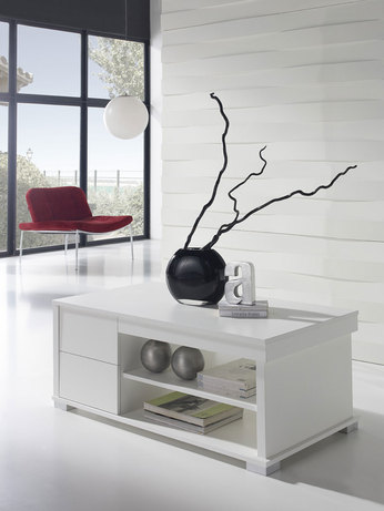 Table basse relevable blanc contemporaine Basile - 2 plateaux, 4 tiroirs, espace de rangement_0
