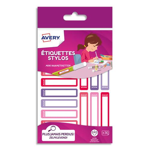 Avery - Blister de 30 étiquettes stylos ultra-adhésives 50x10mm - Coloris rose/rouge - Écrire avec un feutre permanent_0