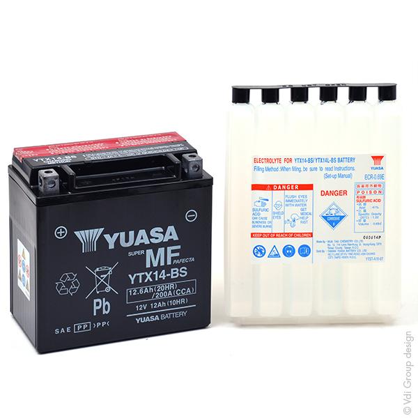 Batterie moto Yuasa YTX14-BS - 12V 12Ah - AGM sans entretien avec pack acide inclus_0