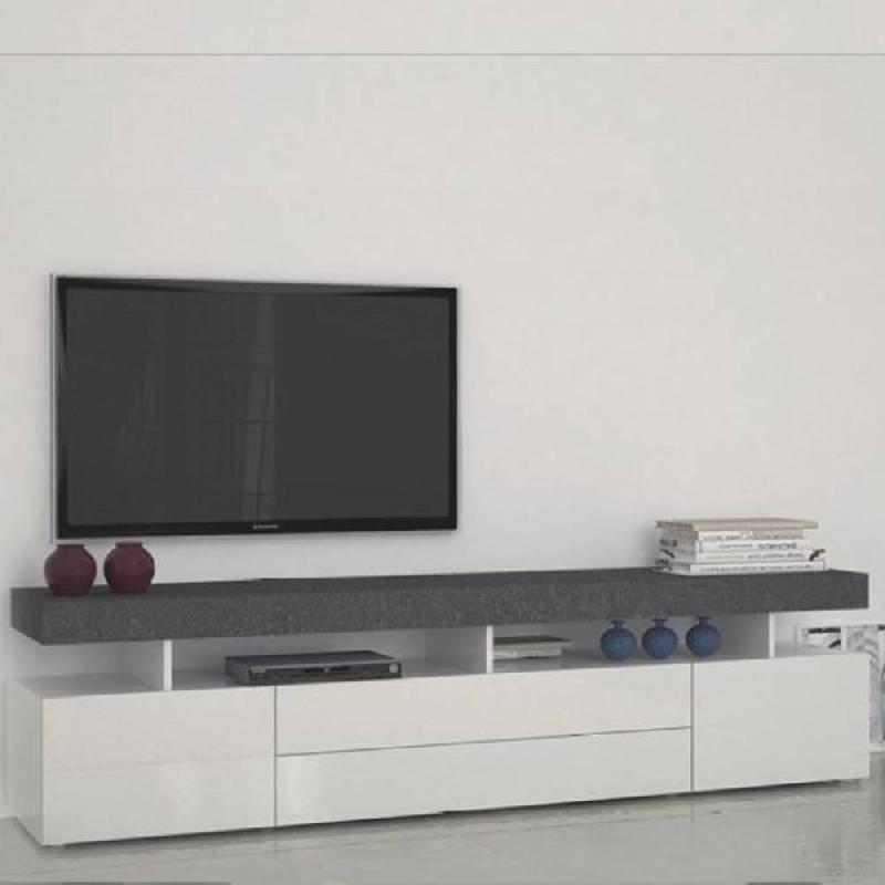 MEUBLE TV5 DESIGN TREVISO EFFET MARBRE AVEC 4 TIROIRS LAQUÉ BLANC