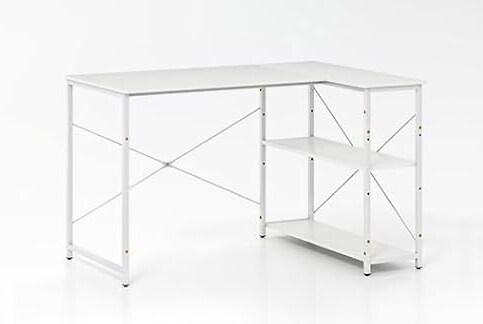 Nom du produit : COSTWAY Bureau en L, Bureau d'angle réversible avec étagère ajustable et cadre métallique, Bureau en bois pour ordinateur - blanc_0