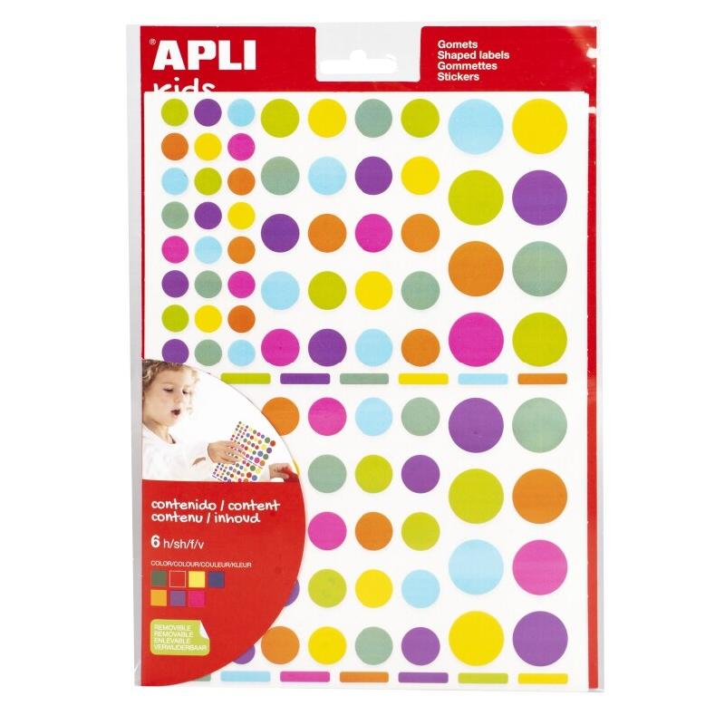 Apli Lot de 10 Etui de 624 gommettes Ronds, coloris assortis (6 feuilles / cdt) - 8410782184638_0