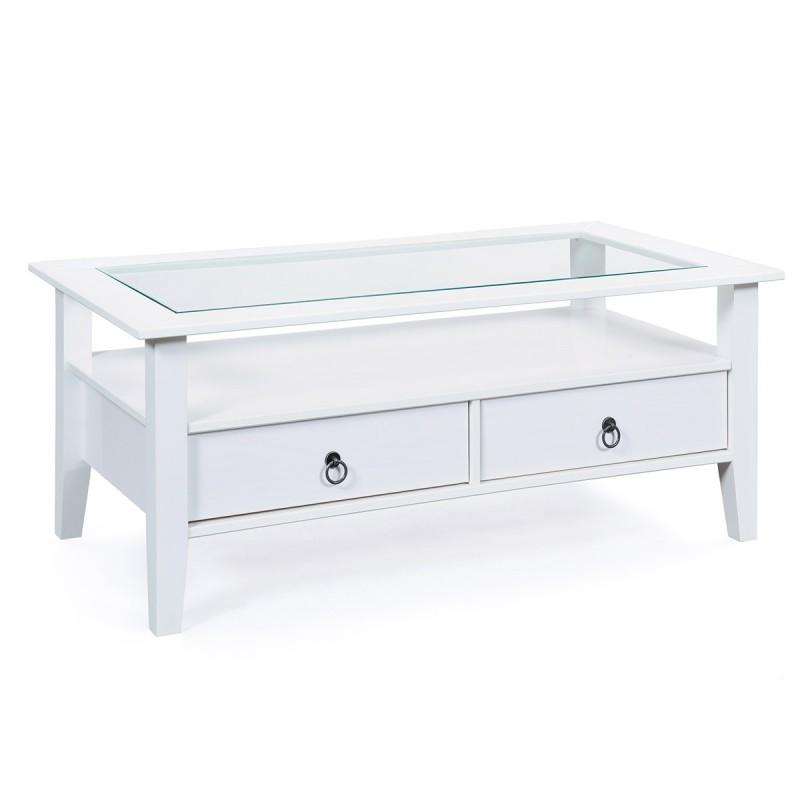 Table basse en pin massif Abigael 115x60cm - blanc avec plateau en verre intégré - Paris Prix_0