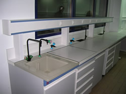 Paillasse de laboratoire avec caisson technique mural sur potences - plage en résine composite pour cuvettes et robinetterie_0