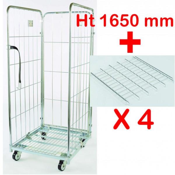 Roll conteneur 3 côtés - Hauteur 1650 mm et 1800 mm - Livré avec 4 étagères - Charge maximale 500 kg_0