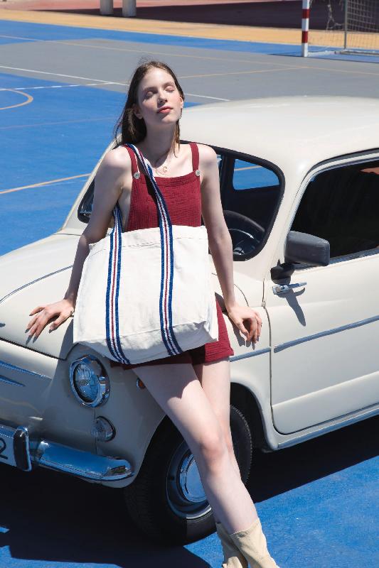 Sac shopping fashion en coton biologique - Anses rayées contrastées - Poche interne - Réf: KI0279_0