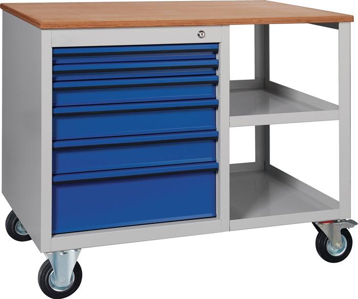 Établi mobile PW 700 - 6 tiroirs - 1000x620x805 mm - Hêtre Multiplex - Gris clair RAL 7035 - Bleu gentiane RAL 5010 - KLW-LUTZ BETRIEBSEINRICHTUNGEN_0