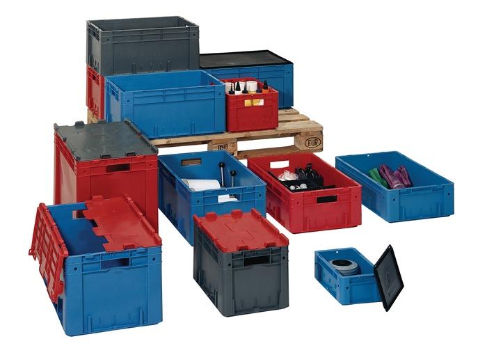 Conteneur de transport gerbables L600xl400xH320 mm rouge PP charge lourde poignée travers. Parois latérales fermées LA-KA-PE_0