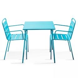 Oviala Business Ensemble table de terrasse carrée et 2 fauteuils acier bleu - Oviala - bleu acier 104804_0