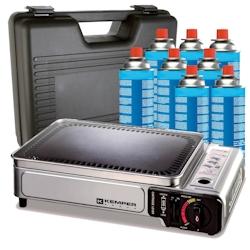 Plancha à gaz portable 2300W - 8 cartouches incluses, valise de transport KEMPER - acier gris_0