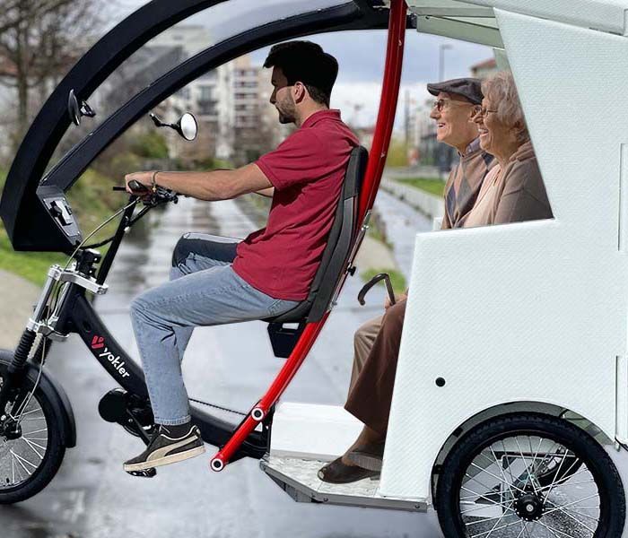Vélo taxi professionnel électrique Yokler T avec banquette et toit - Triporteur à assistance électrique_0