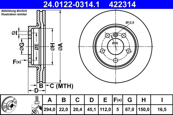 Disque de frein ventilé ATE 422314 - côté avant - conditionnement boîte de 1 disque_0