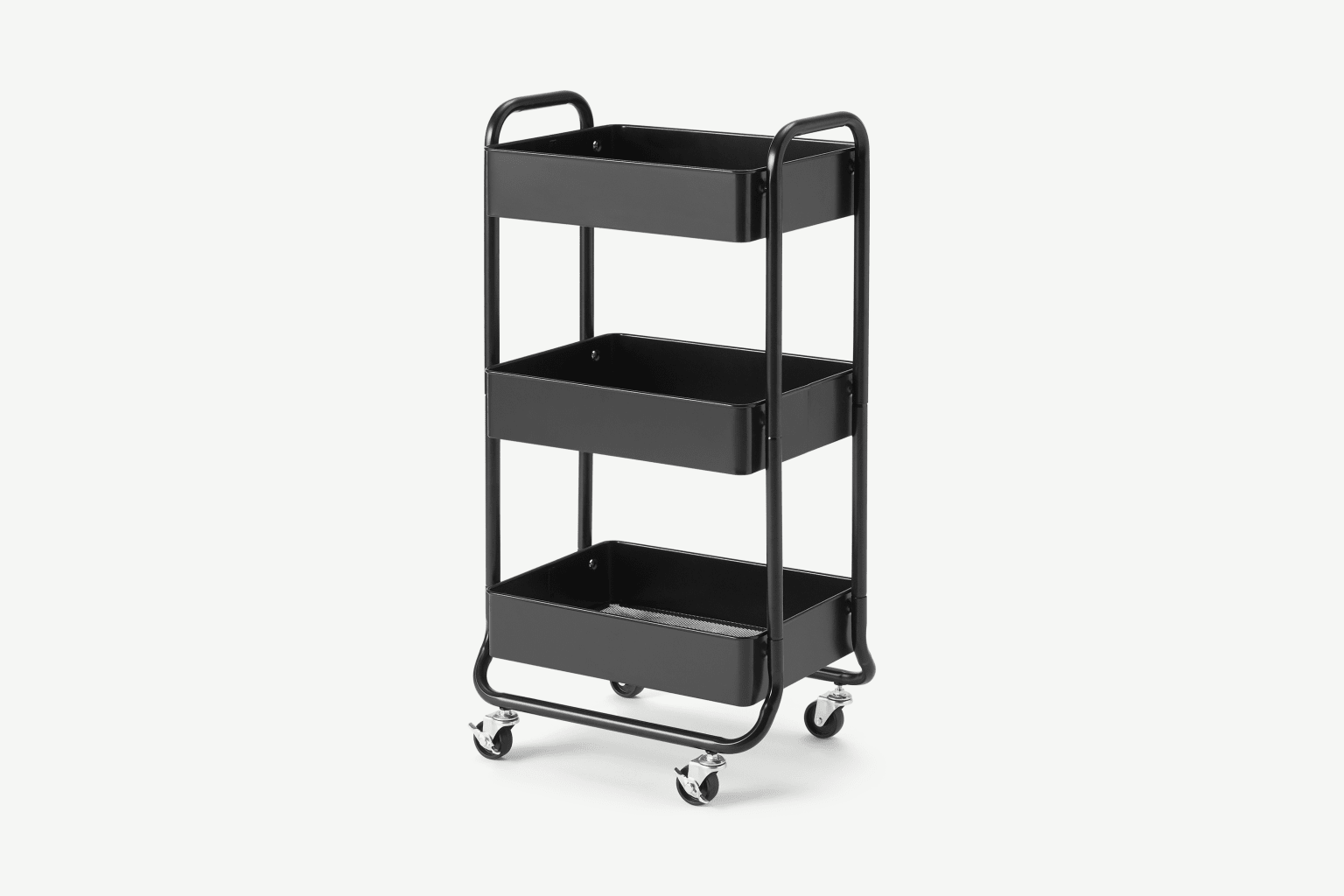Kennedi - Chariot à 3 étages en métal perforé noir - H8.8 x W38.9 x D28.5 cm avec roues et compartiments séparés_0