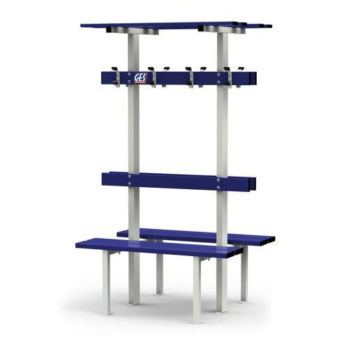 BANC VESTIAIRE DOUBLE SUR PIEDS AVEC PORTE PATÈRES ET PORTE SACS GES ASSISE ALU
