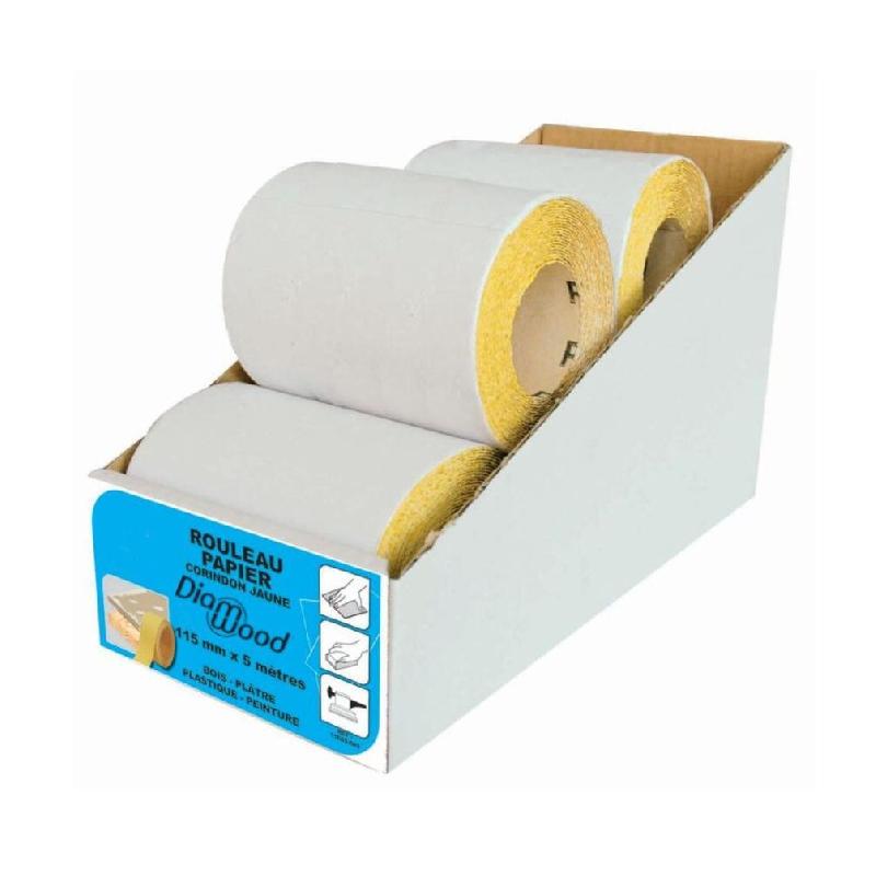 DIAMWOOD EXPERT EN EQUIPEMENT Lot de 5 Rouleau Papier Corindon Jaune 115 mm x L. 5 m - GR 120 - Pour Plâtre, Peinture, Vernis, Mastic - Diamwood - ja_0