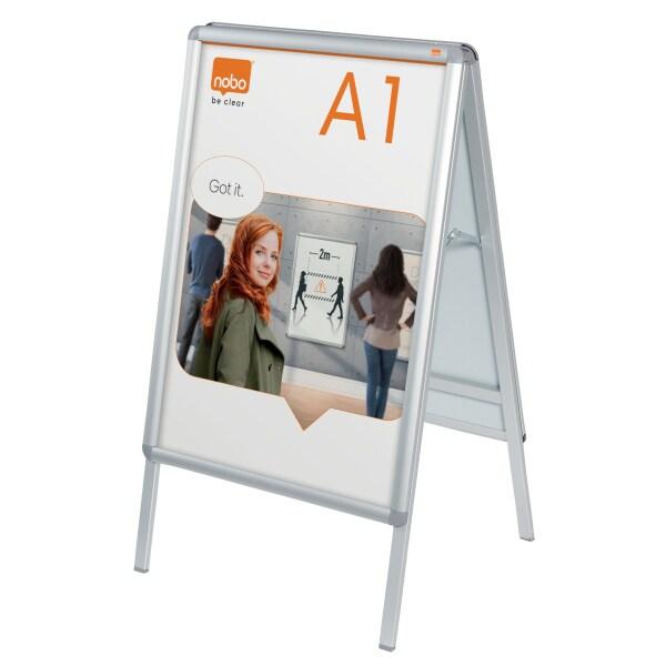 Nobo Chevalet porte-affiche clipsable, aluminium, anti-reflet en PVC, format A1, 1902206 - argenté aluminium 1902206_0