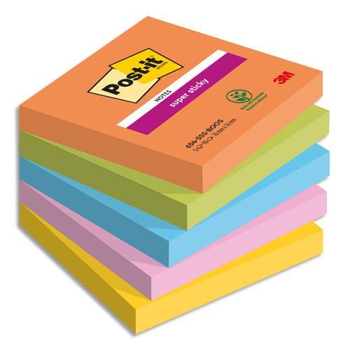 NOTES POST-IT SUPER STICKY BOOST 76X76MM - LOT DE 5 BLOCS DE 90 F - ASS : ORANGE/VERT/BLEU/ROSE/JAUNE