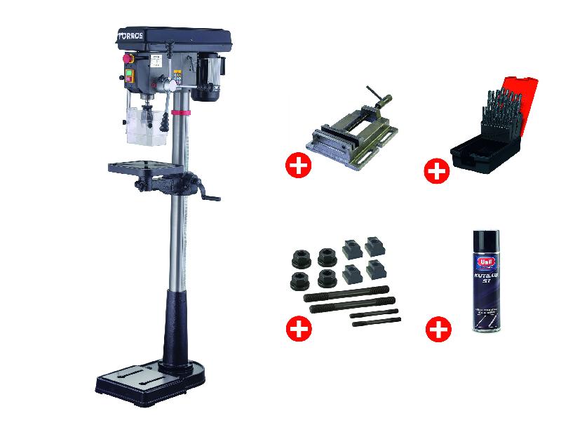 Perceuse à colonne professionnelle jusque ø 20 mm CM2 600W 230V + étau de perçage jeu de boulons jeu mêches aérosol Torros DF20M PACK_0