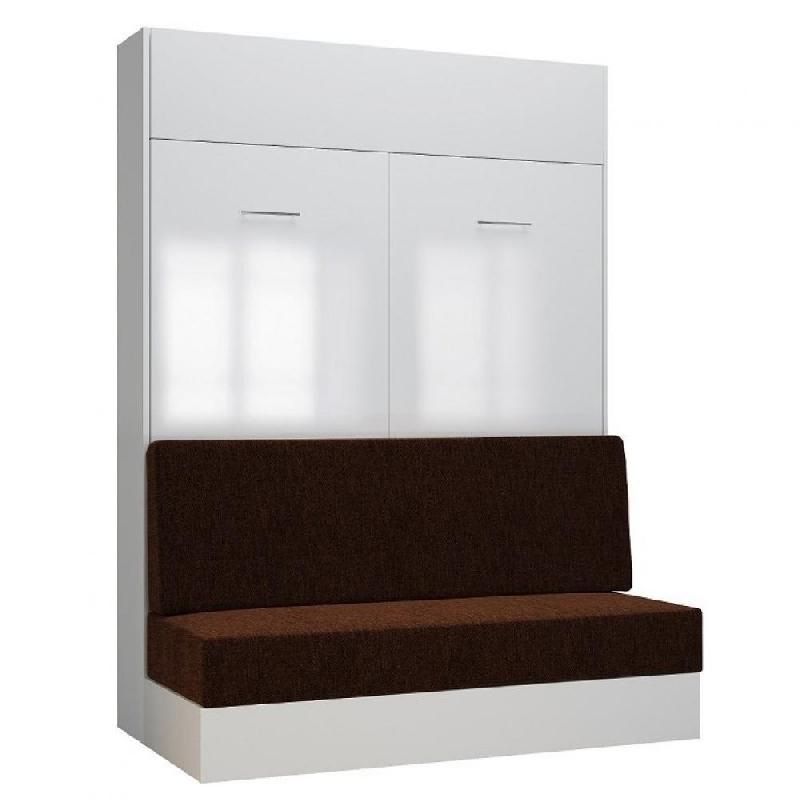 ARMOIRE LIT ESCAMOTABLE DYNAMO SOFA FAÇADE BLANC BRILLANT CANAPÉ MARRON 140*200 CM_0