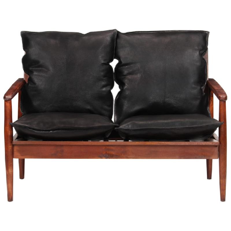 Canapé 2 places en cuir véritable noir et bois d'acacia massif - Design rétro et cosy - 02_0019111_0