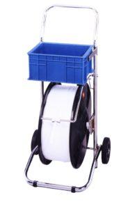 Dérouleur pour feuillard PP & PET - structure métallique chromée avec bac accessoires et chariot maniable_0