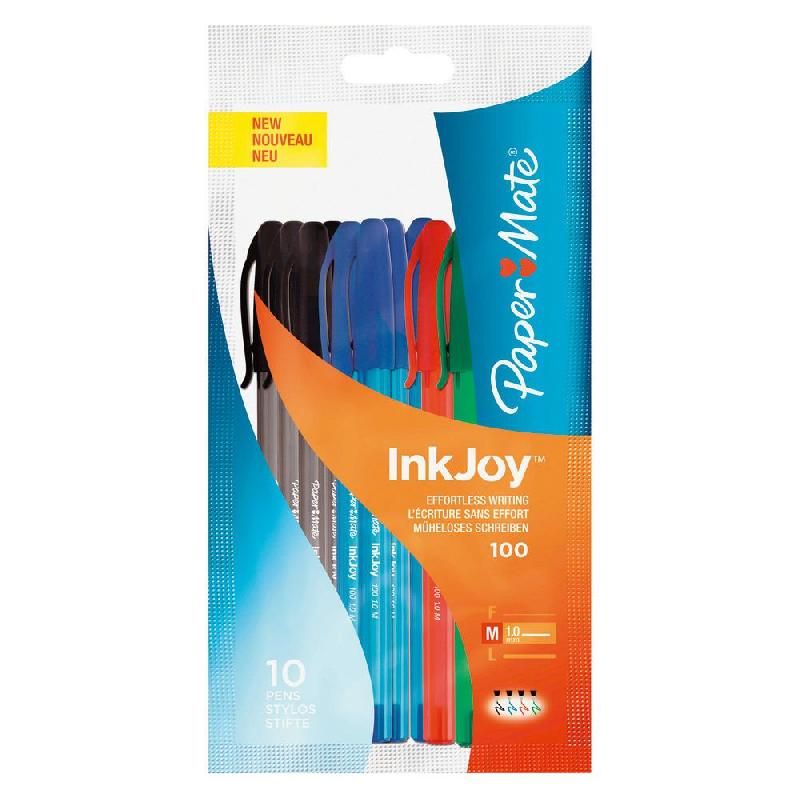 PAPER MATE STYLO BILLE RÉTRACTABLE INKJOY™ 100 COULEURS ASSORTIES (NOIR, ROUGE, BLEU, VERT) 1,0 MM LOT DE 10