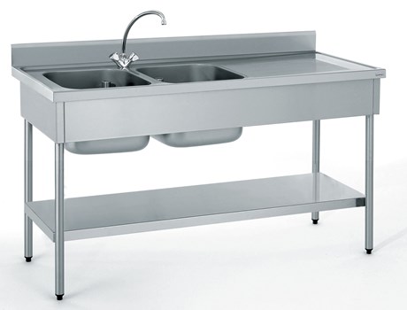 PLONGE INOX 2 BACS ÉGOUTTOIR À DROITE AVEC ÉTAGÈRE INFÉRIEURE FIXE LONGUEUR 1900 MM