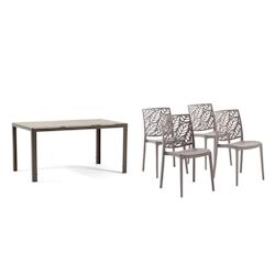 RATTATAN Ensemble salle a manger aluminium taupe et noir avec 4 chaises en polypropylène taupe empilables et plateau effet pierre –MILO+DAFNE Taupe_0
