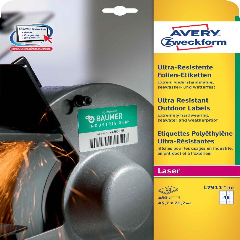 AVERY 120 étiquettes ultra-résistantes Laser blanches, format 99,1 x 42,3 mm (10 feuilles / cdt) - blanc plastique L7913-10_0