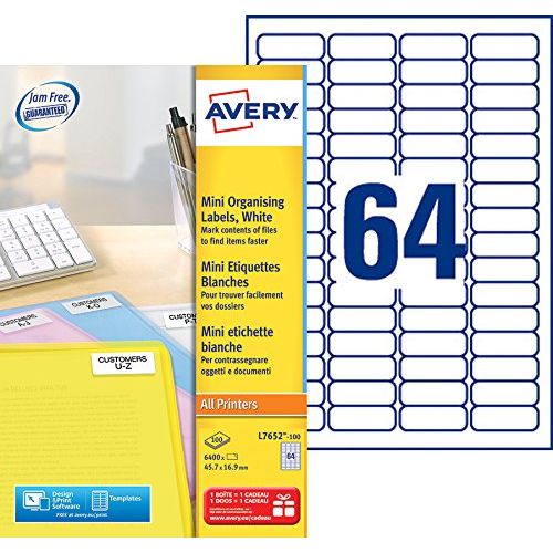 Boîte de 6400 mini étiquettes autocollantes - Avery L7652-100 - 45,7x16,9 mm - Impression laser - Blanc_0