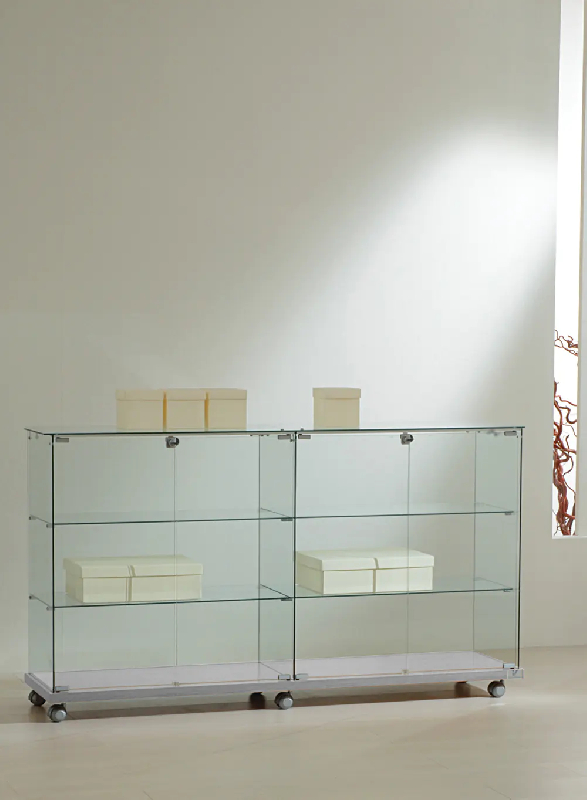 Large vitrine basse 16/90VA - gris - meuble d'exposition en verre trempé avec 4 tablettes et serrure_0