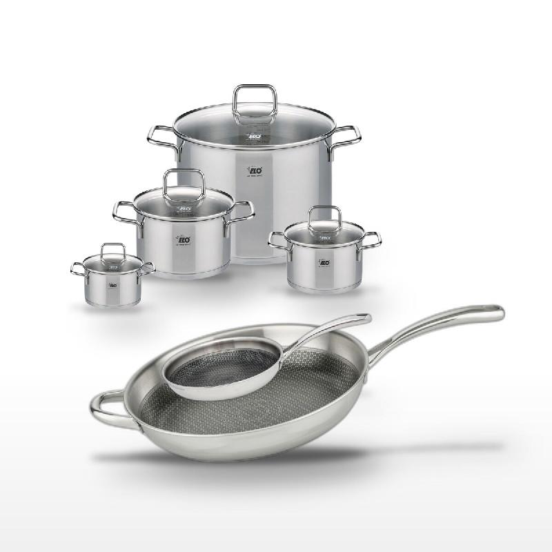 Lot Poêles 24cm & 32cm Elo Relief Evolution avec 4 Faitouts Elo Citrin - gris inox 3176239956160_0