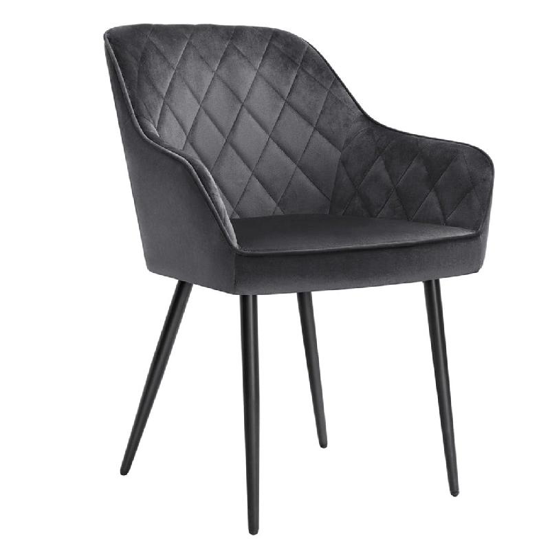 Chaise de salle à manger rembourrée avec accoudoirs - Velours gris - Pieds en métal - Assise 49 cm - Charge 110 kg - Modèle 12_0002445_0