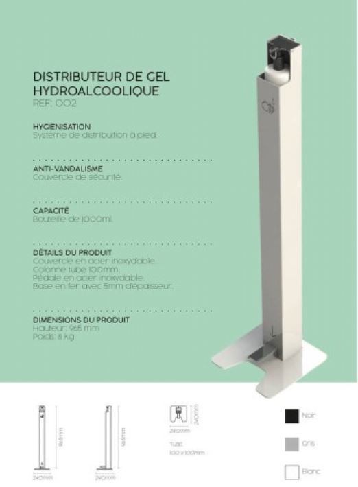 Distributeur de gel hydroalcoolique ref.002 - Borne avec pédale mécanique - colonne tube carré acier - couvercle inox - bouteille 1000 ml incluse_0