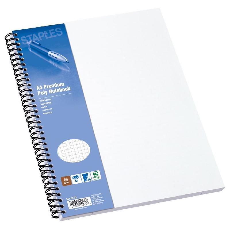 STAPLES CAHIER À SPIRALES POLYPRO - FORMAT A4 (80 G/M2) - 160 PAGES À PETITS CARREAUX - COULEUR BLANC (PRIX À L'UNITÉ)