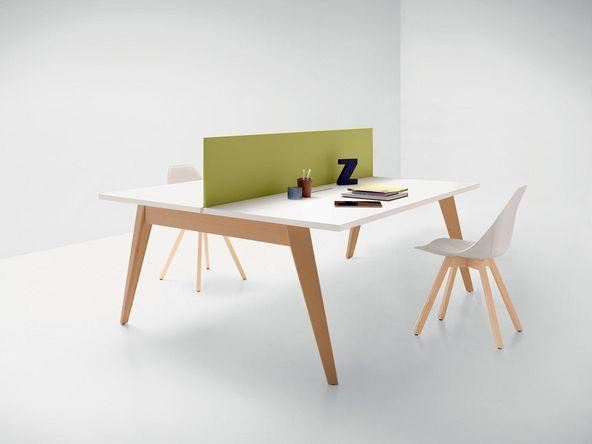 Bureau bench 2 personnes Elvira Wood avec piètement triangulaire en bois massif_0