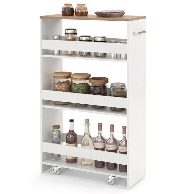 COSTWAY Chariot niche 20 cm, 4 niveaux, sur roues, blanc+naturel 47,5x20x80,5 cm - multicolore multi-matériau VH36804NF-IT_0