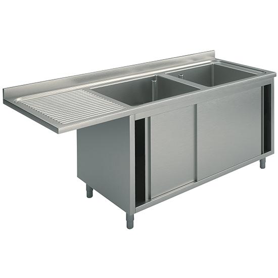 Plonge inox sur armoire avec portes coulissantes, place pour lave-vaisselle, 2 bacs à droite, 1800x700 mm - SLA2LS1807_0