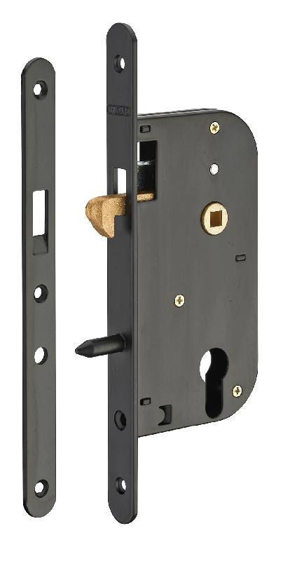 Serrure encastrée THIRARD - bec de cane - axe 50 mm - acier - têtière noire à bouts ronds_0