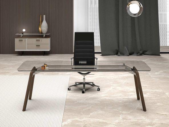 Bureau de direction Terra - design plateau verre trempé 12mm - pieds en bois massif - 200/220/240 x 100 cm - Fabriqué en Italie_0