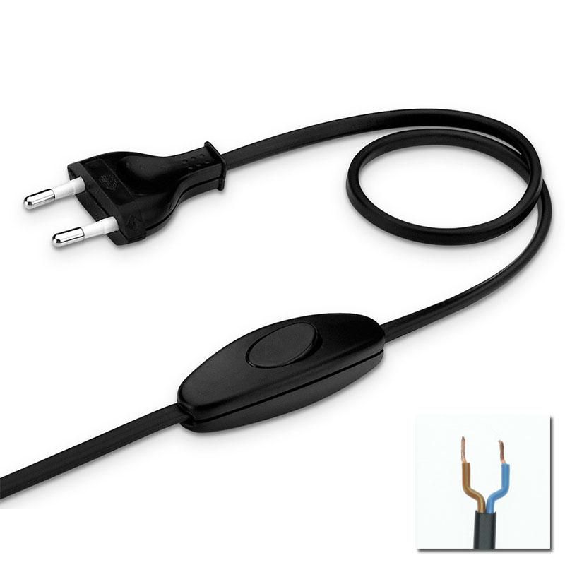 Cordon d'alimentation 2x0,75mm² noir 2m avec interrupteur (1,20m + 0,80m) - Prise 2 pôles_0