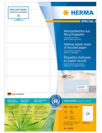 Étiquettes d'adresse en papier recyclable blanc nature - A4, 99,1 x 38,1 mm - Référence 10826_0