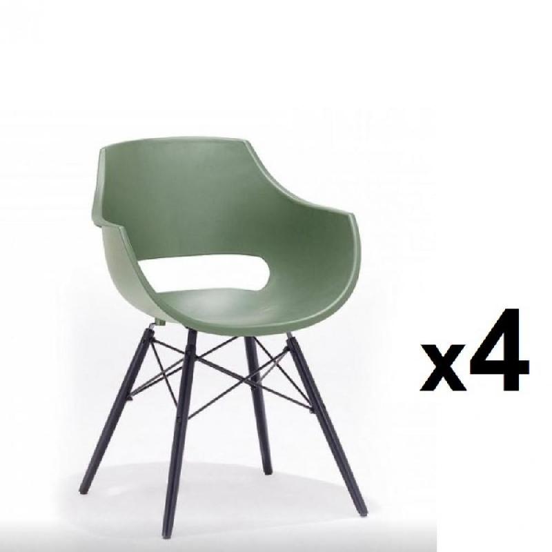 LOT DE 4 CHAISES SCANDINAVE REMO COQUE VERTE PIÉTEMENT HÊTRE LAQUE NOIR MAT_0