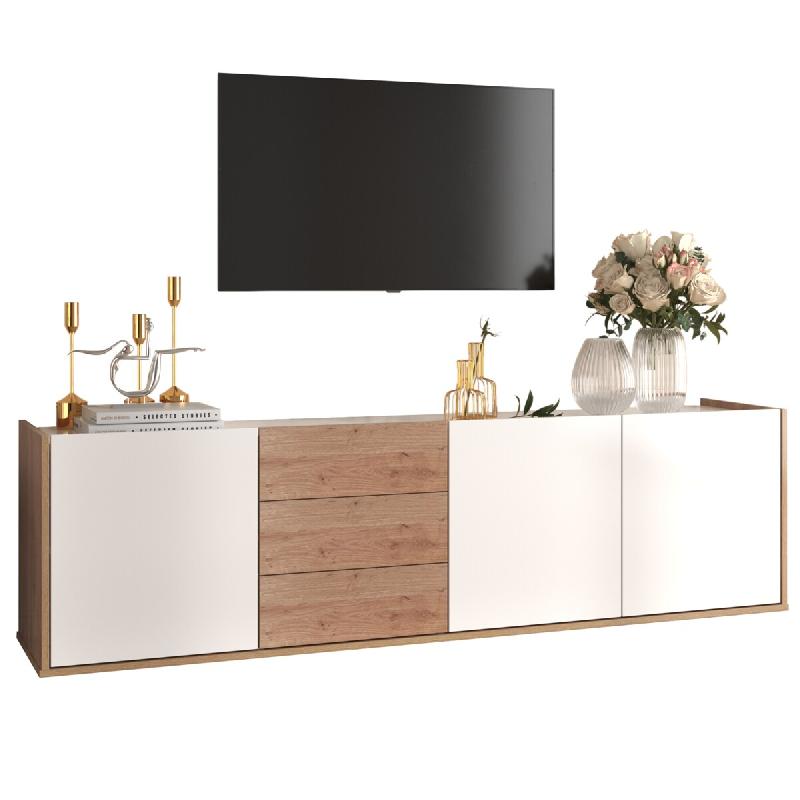 Meuble TV Merax, panneau bas aux coloris blanc et bois, meuble TV pouvant être accroché au mur ou posé au sol - multicolore multi-matériau WF31073_0