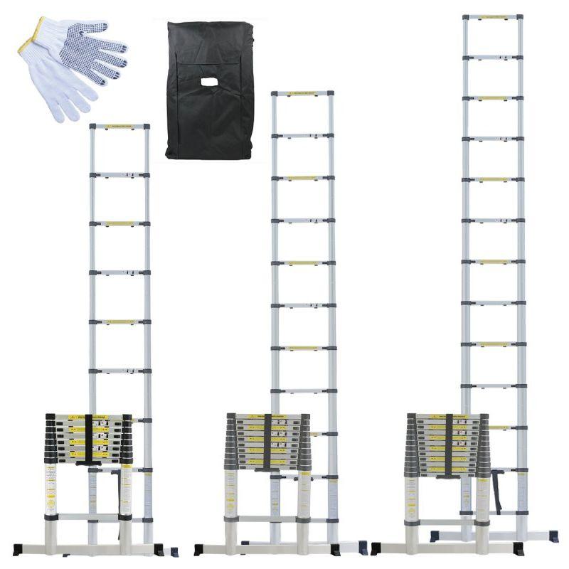 ÉCHELLE TÉLESCOPIQUE PRO DE 3.20M EN ALUMINIUM + HOUSSE DE TRANSPORT ET GANTS DE MAINTIEN - LINXOR