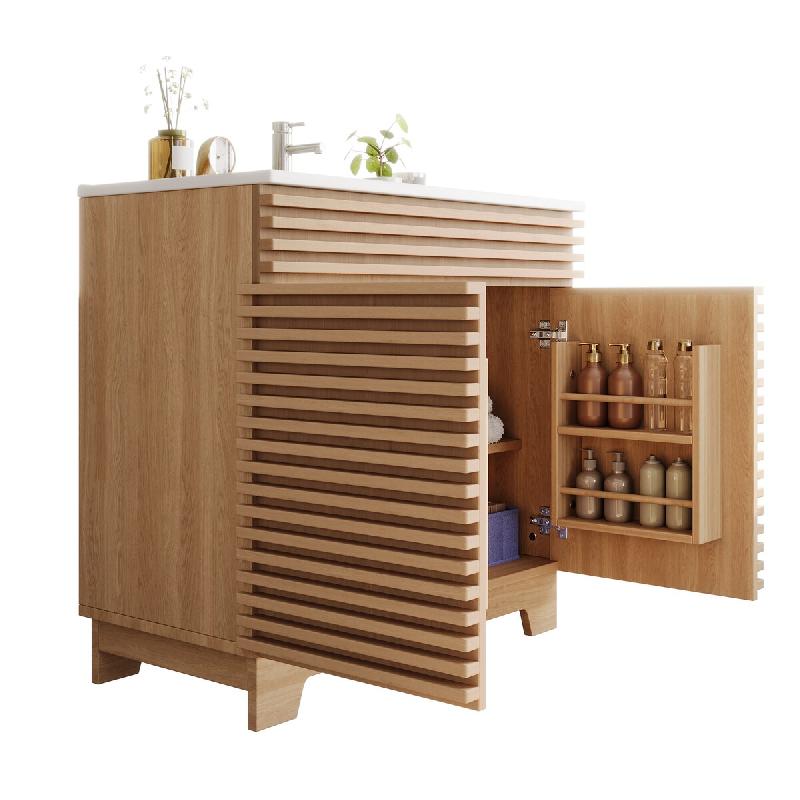 Merax Meuble de salle de bain 91 x 46 x 86,5 cm avec vasque en céramique, 2 portes, fermeture amortie et pieds hauts, coloris bois naturel - multi-ma_0