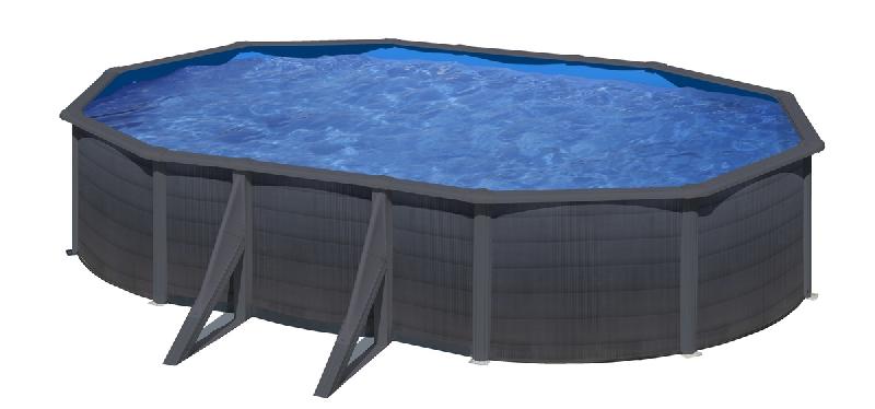 Piscine ovale en acier 6,34m x 3,99m x H: 1,22m - Gris anthracite - Filtration à sable - Renforts apparents_0
