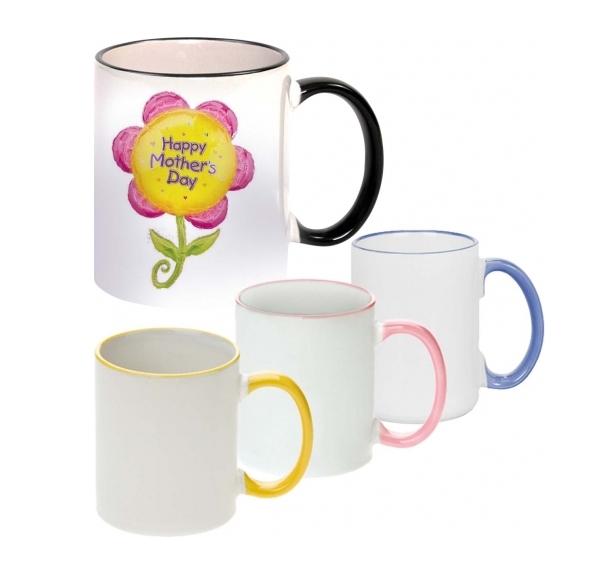 CERAMIQUE : MUG BLANC CERAMIQUE TRAITE POLYESTER AVEC POIGNEE ET REBORD DE COULEUR ROSE_0